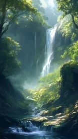 Enchanted Waterfall Sanctuary Hidden in Misty Forest.