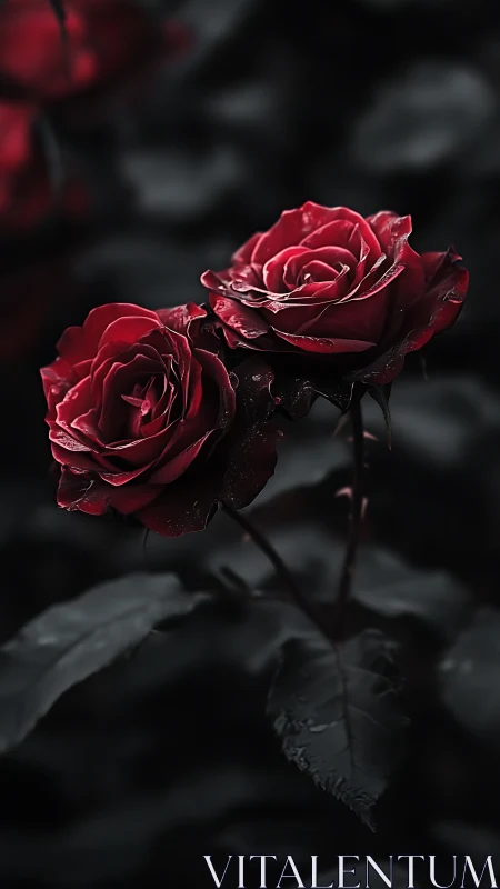 Crimson blooms pierce the darkness with velvet defiance.