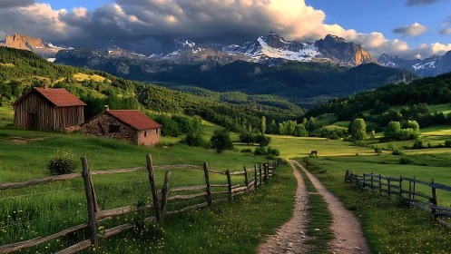 Sunlit mountain valley welcomes a quiet countryside path home