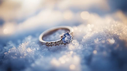 Sparkling diamond ring rests softly on glistening snow