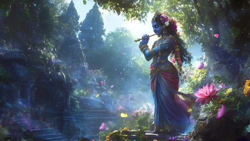 Blue figure with flute in overgrown stone temple setting.