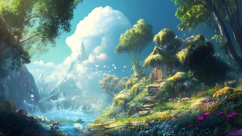 Enchanted riverside cottage basks beneath towering clouds.