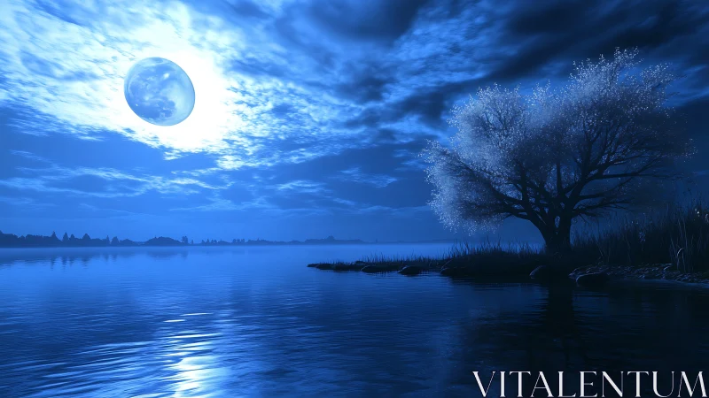 Silver moon over quiet lake and shimmering blossom tree.