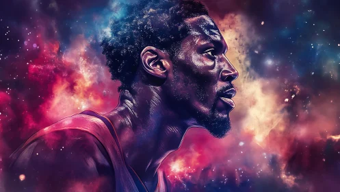 Digital portrait of basketball player with cosmic backdrop.
