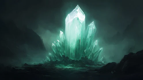 Large luminous crystal cluster in dark rocky landscape.