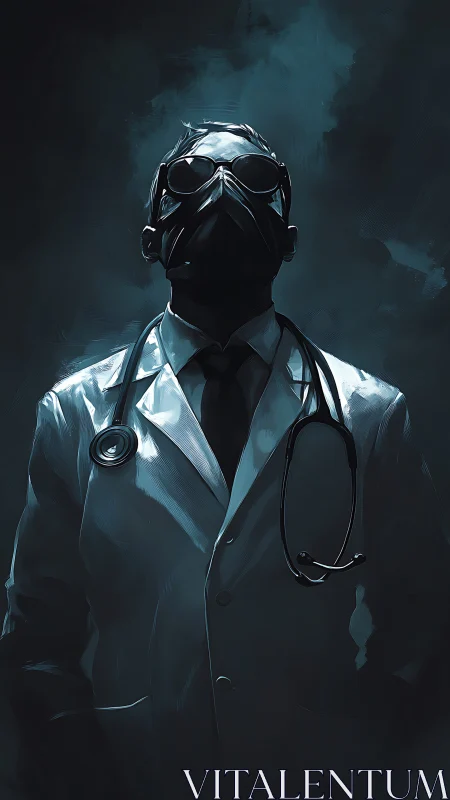 Mysterious masked doctor standing tall in a moody teal glow.