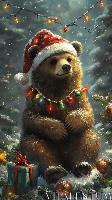 Soft-lit brown bear wearing Christmas lights in snowy forest