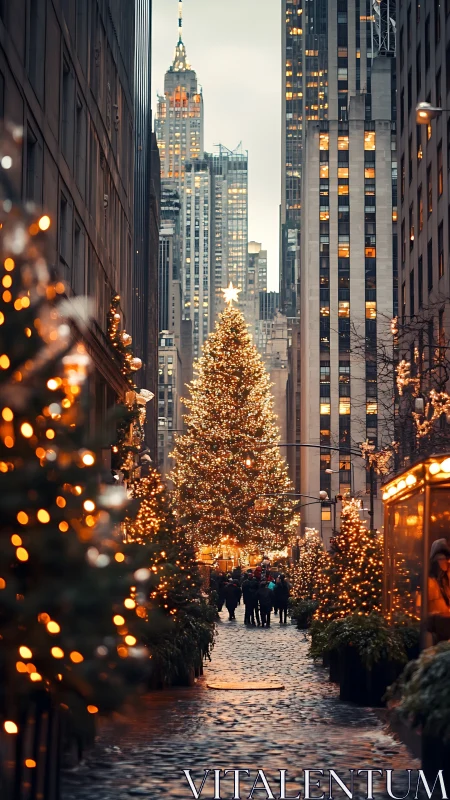 Urban holiday avenue with illuminated Christmas tree centerpiece.