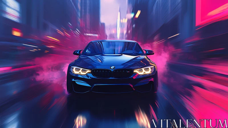 Sport sedan cuts neon city street with dynamic speed