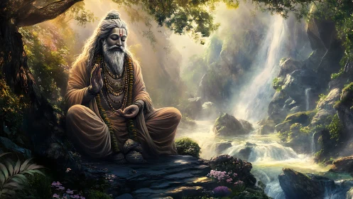 Meditating sage figure beside forest waterfall landscape.