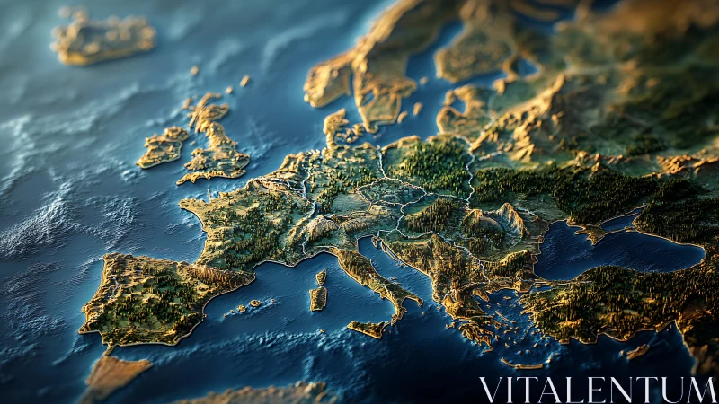 Topographic relief render of continental Europe in oblique light.