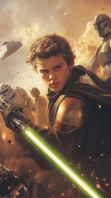 Young warrior with green energy blade in armored conflict.