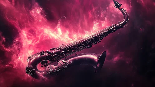 Glowing saxophone drifts through vibrant pink cosmic nebula