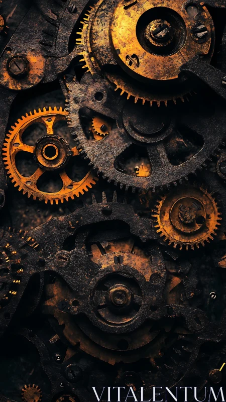 Rustic brass clockwork gears in dense mechanical mesh.