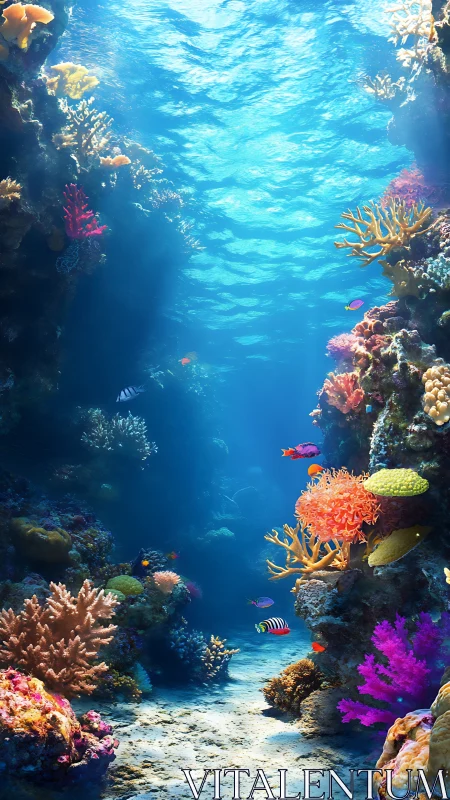 Vibrant coral reef canyon under sunlit tropical seawater.