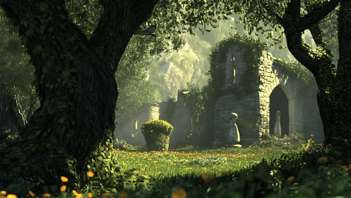 Sunlit forest ruins cradle a quiet stone sanctuary dream.