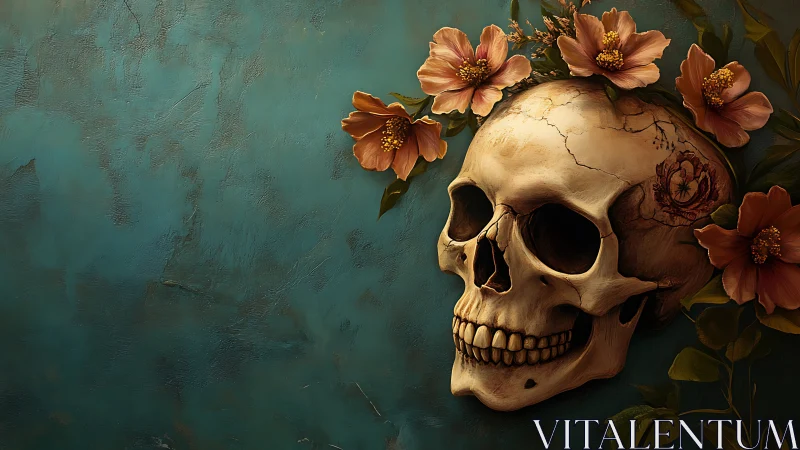 Gentle skull and blooming flowers on soft teal backdrop.