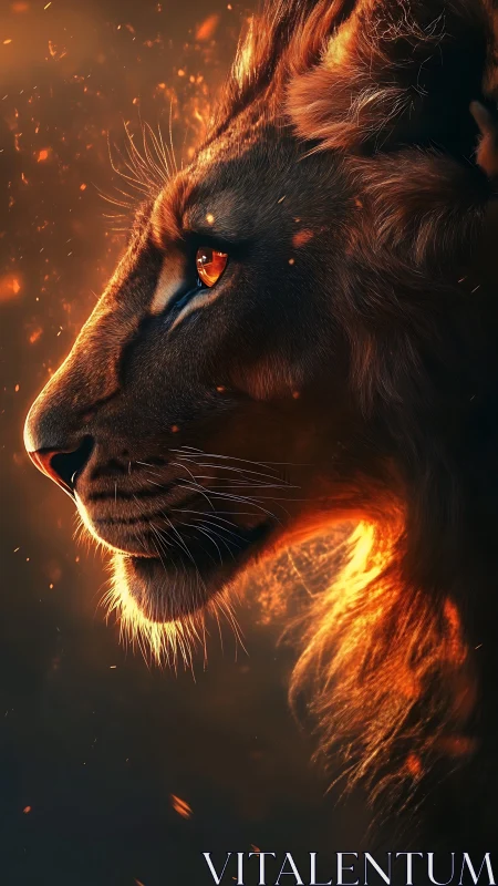 Lion profile glows with ember light and molten highlights