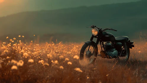 Vintage roadster motorcycle in backlit wildflower meadow at dusk.