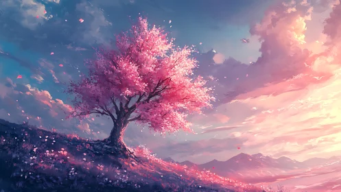 Twilight cherry tree whispers color into the drifting sky