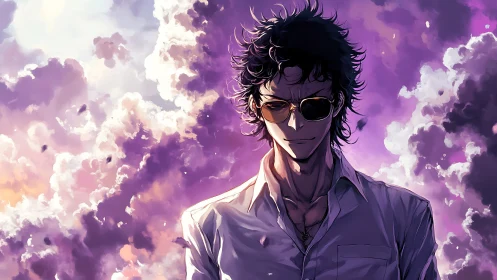 Stoic anime man in sunglasses under dramatic violet clouds