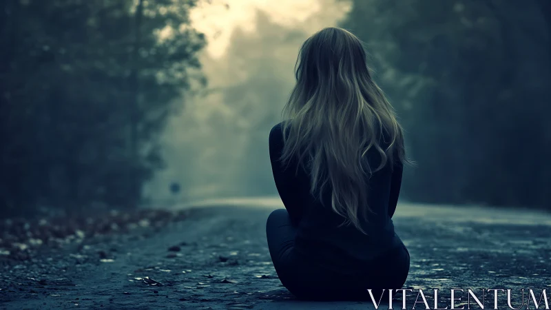 Solitary dusk sitter on misty road of drifting thoughts.