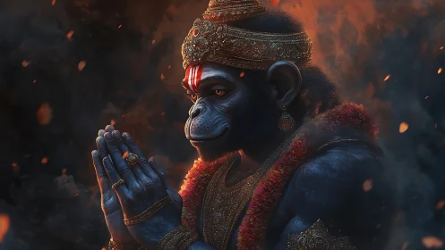 Divine blue simian deity bows amid glowing embers.