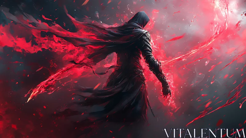 Hooded dark mage strides through raging crimson storm of power