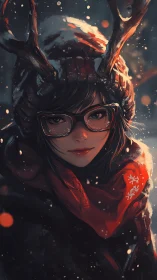 Winter-slick antlers crown a quiet girl of embered snow