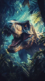 Roaring Tyrannosaurus rex lunges through dense misty jungle