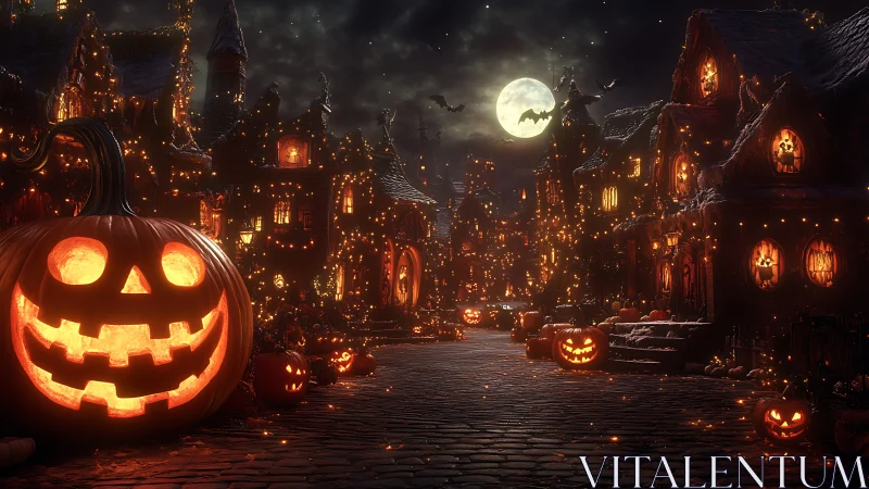 Jack-o-lantern street glows under full moonlit Halloween sky.