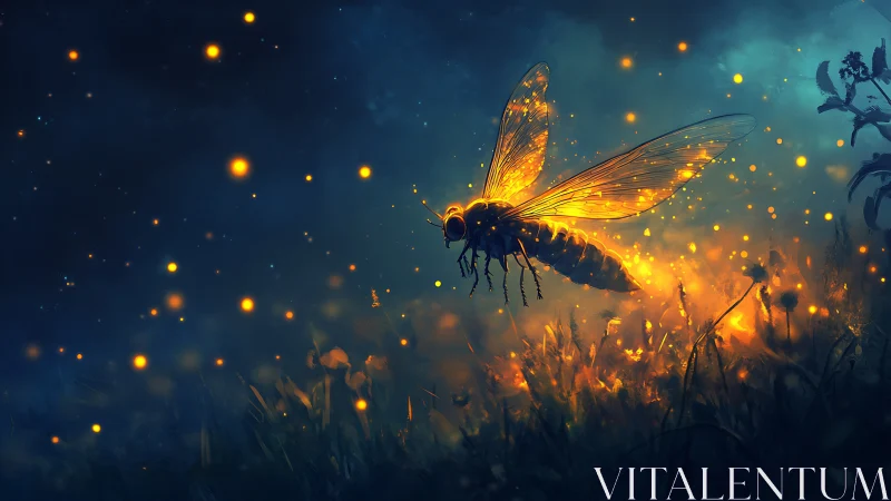 Giant luminous firefly hovers above glowing night meadow.
