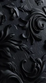 Glossy black baroque scrollwork curls over matte textured plane