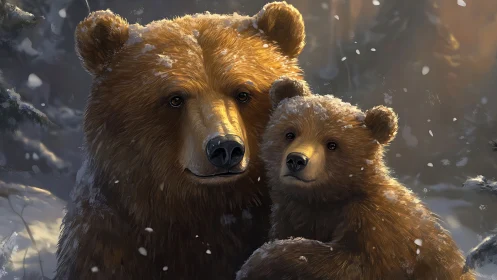 Mother bear and cub share quiet warmth in a snowy forest