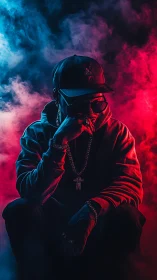 Moody hip-hop portrait in neon red and blue haze lighting.