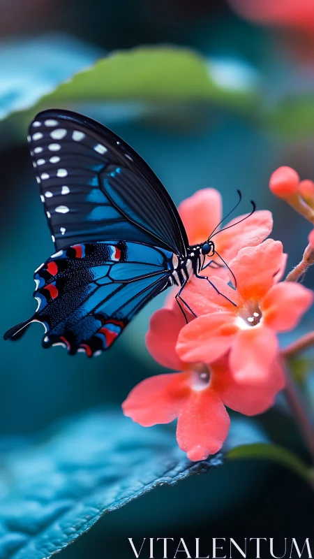 Blue butterfly resting on coral flowers in soft focus garden.