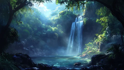 Waterfall in cavern landscape with lush vegetation and water
