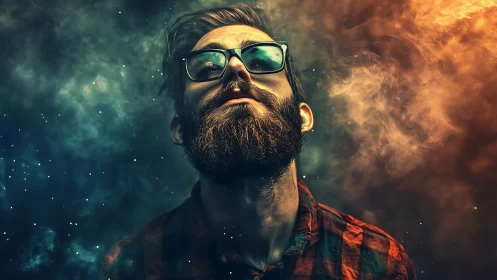 Chromatic vapor portrait of bearded subject in split-spectrum fog.