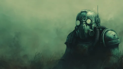 Lone wasteland sentinel in rusted gas mask armor haze.