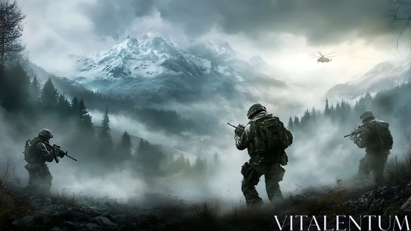 Armed soldiers advancing through misty conifer valley.