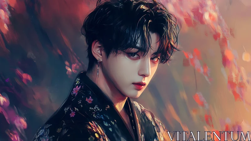 Chromatic kimono portrait under defocused bokeh cascades.