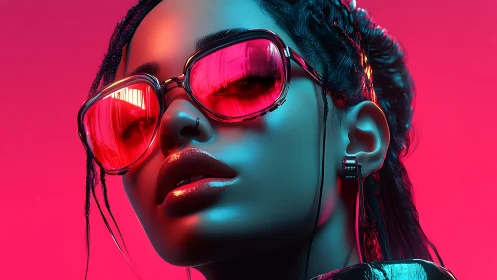 Neon-lit cyber portrait isolates reflective magenta aviators