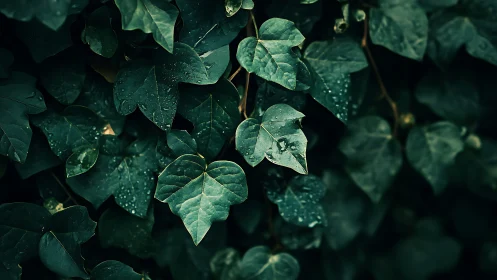 Moody macro study of ivy foliage with dewdrops and shallow depth