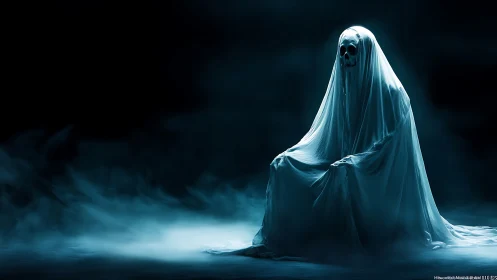Spectral figure in shrouded fog sits in eerie blue void.