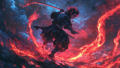 Samurai warrior commands flaming arc in stormlit battlefield