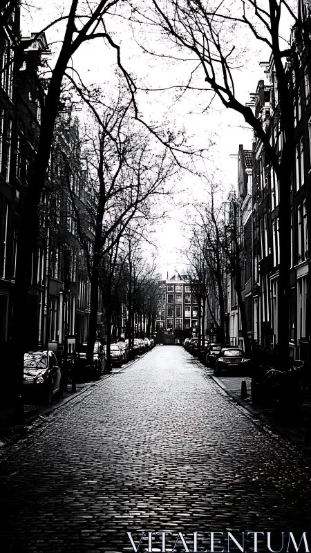 Quiet cobblestone street framed by winter-bare trees.
