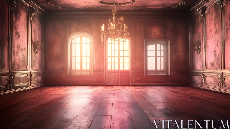 Sunlit baroque salon interior with chandelier and wood floor