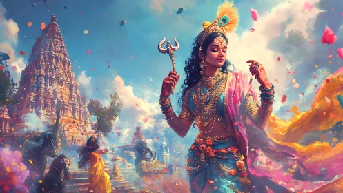 Temple winds whirl around jeweled goddess in riotous color