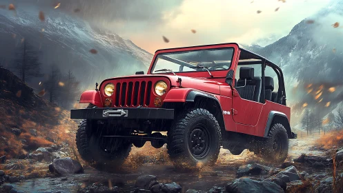 Red off-road jeep powers through stormy mountain pass.