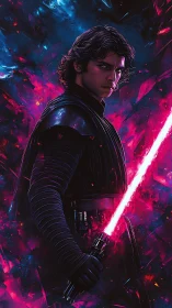 Neon-energized dark warrior with plasma blade ignition.